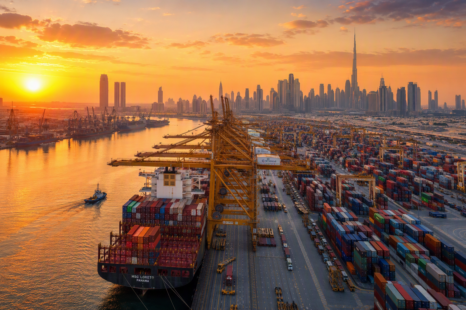 Dubai cargo port at sunrise